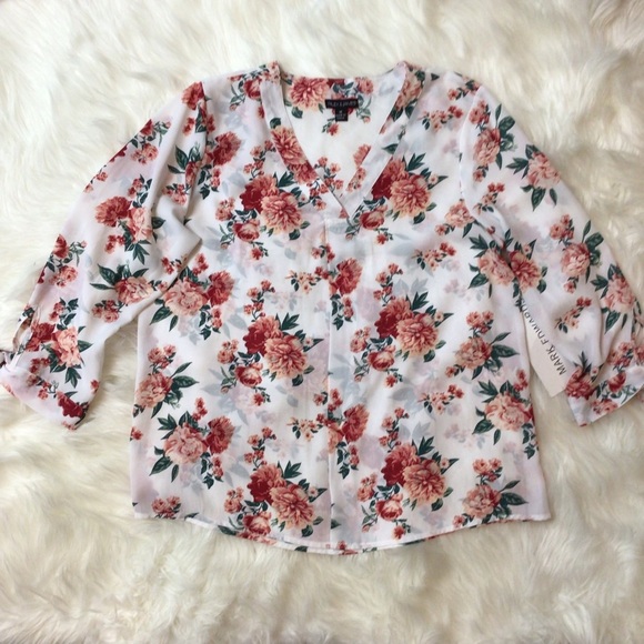 Riley & James Pink Floral Tie Sleeve V-Neck Blouse - Picture 6 of 8